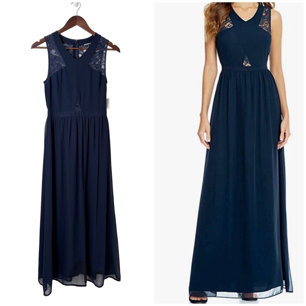 NWT Gianni Bini Navy Long Formal Dress Womens 2 Maxi Gown Lace Chiffon Prom Hoco
